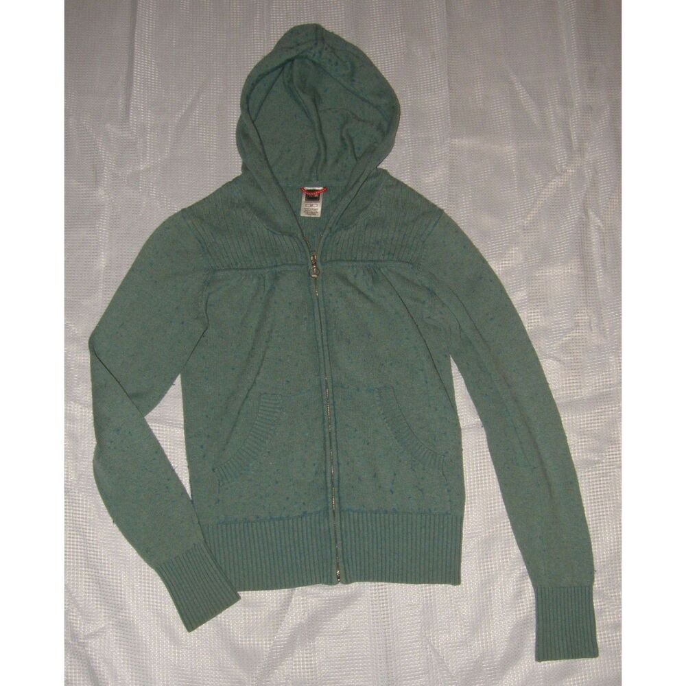NORTH FACE Speckled Green Sz Small Full Zip Wool Blend Hooded Sweater Pockets